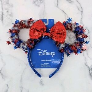 Minnie Mouse Disney 4th Of July USA Patriotic Headband w/Bells Red Silver Blue